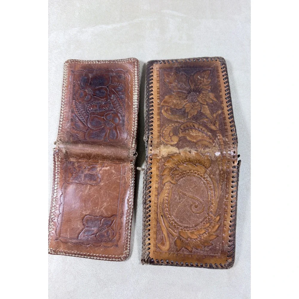 Vintage Hand Tooled Leather Wallet Set Mens Floral Western Bifold Whipstitch 2pc